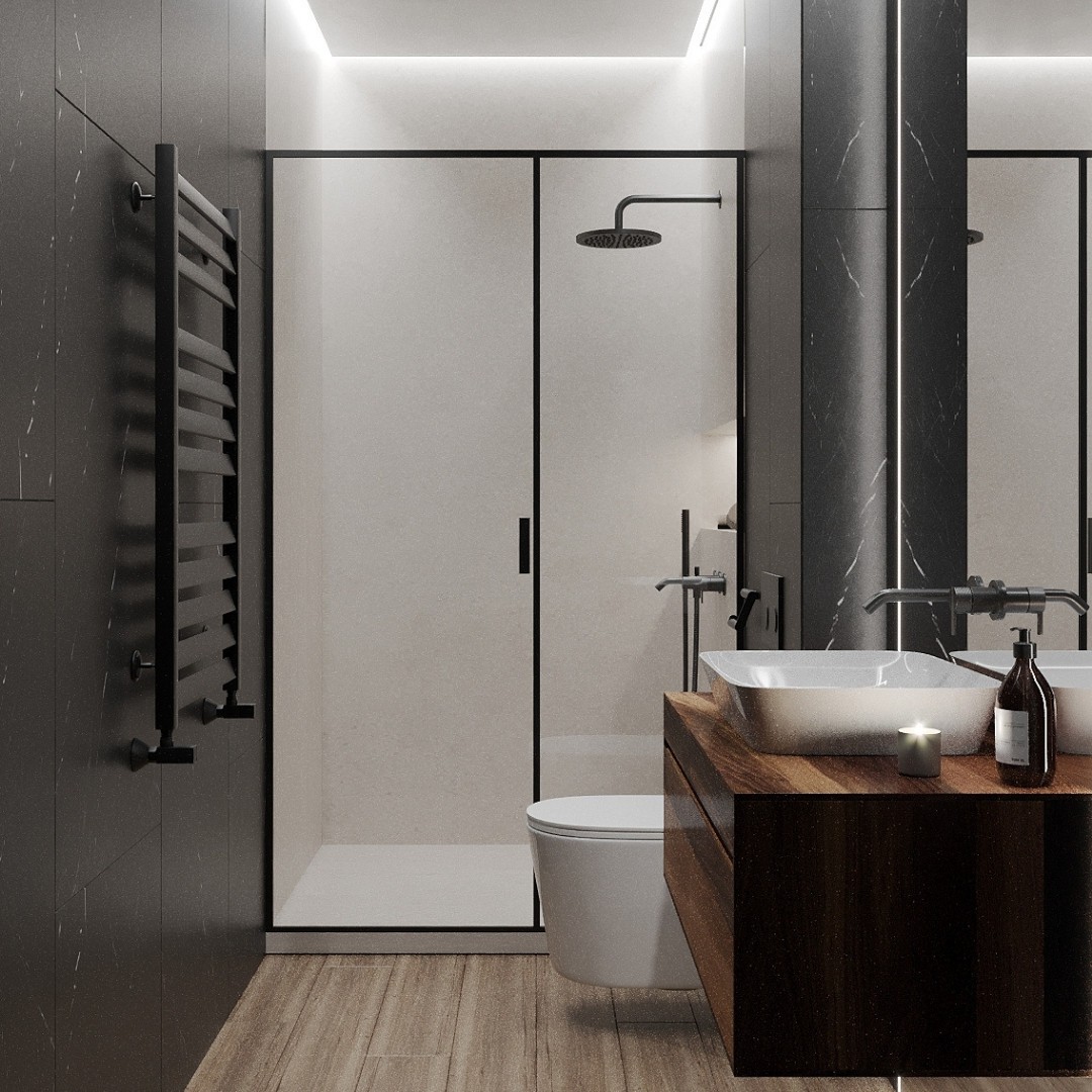 Elegancka łazienka z czarnymi bateriami łazienkowymi